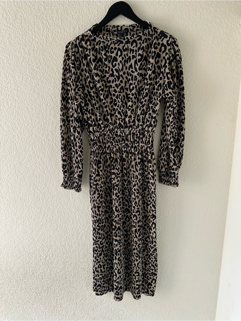 Zara Beige and Black Leopard Print Long Sleeve Long Dress